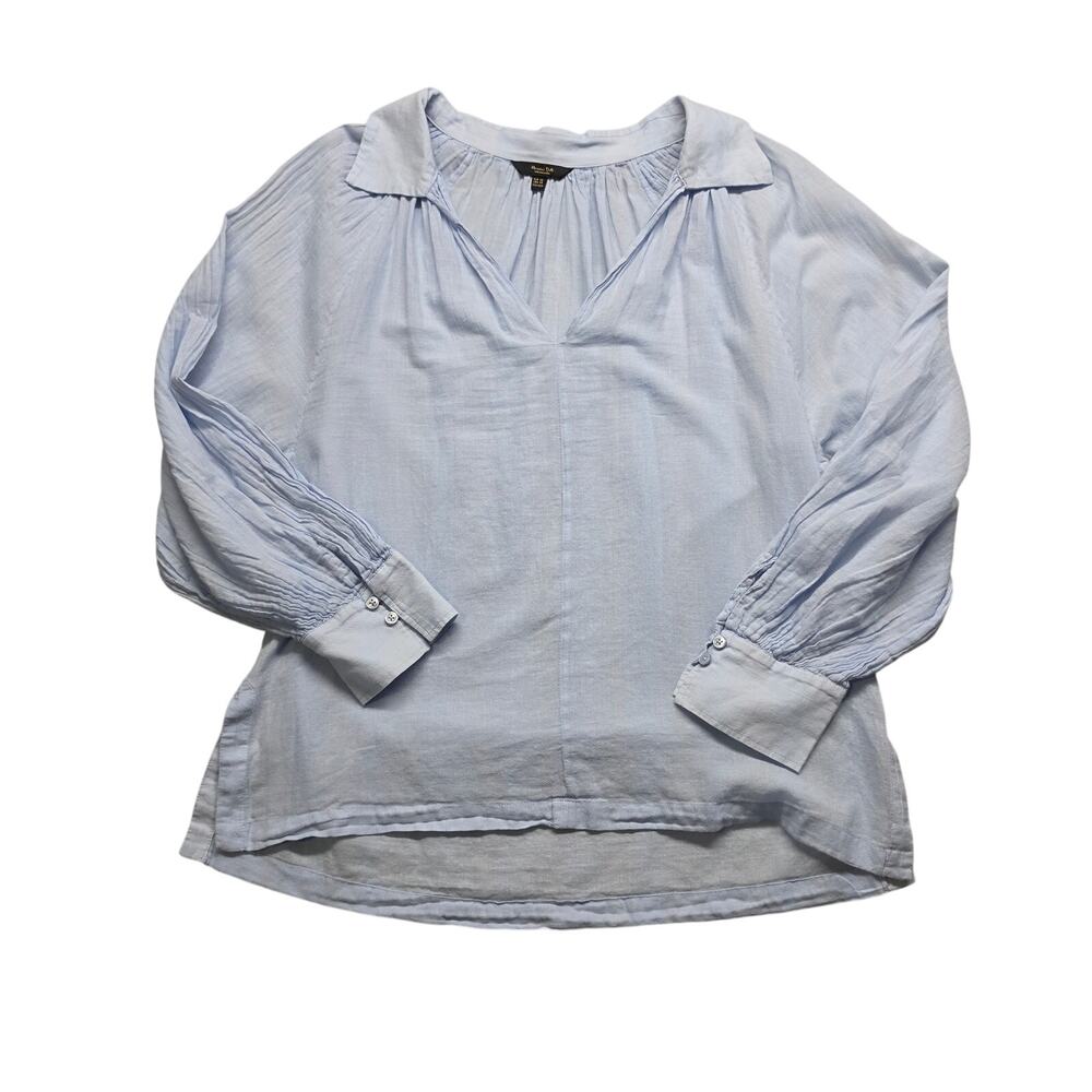 Massimo Dutti XS Light Blue Linen Gauze Split Neck Pleated Boho Blouse